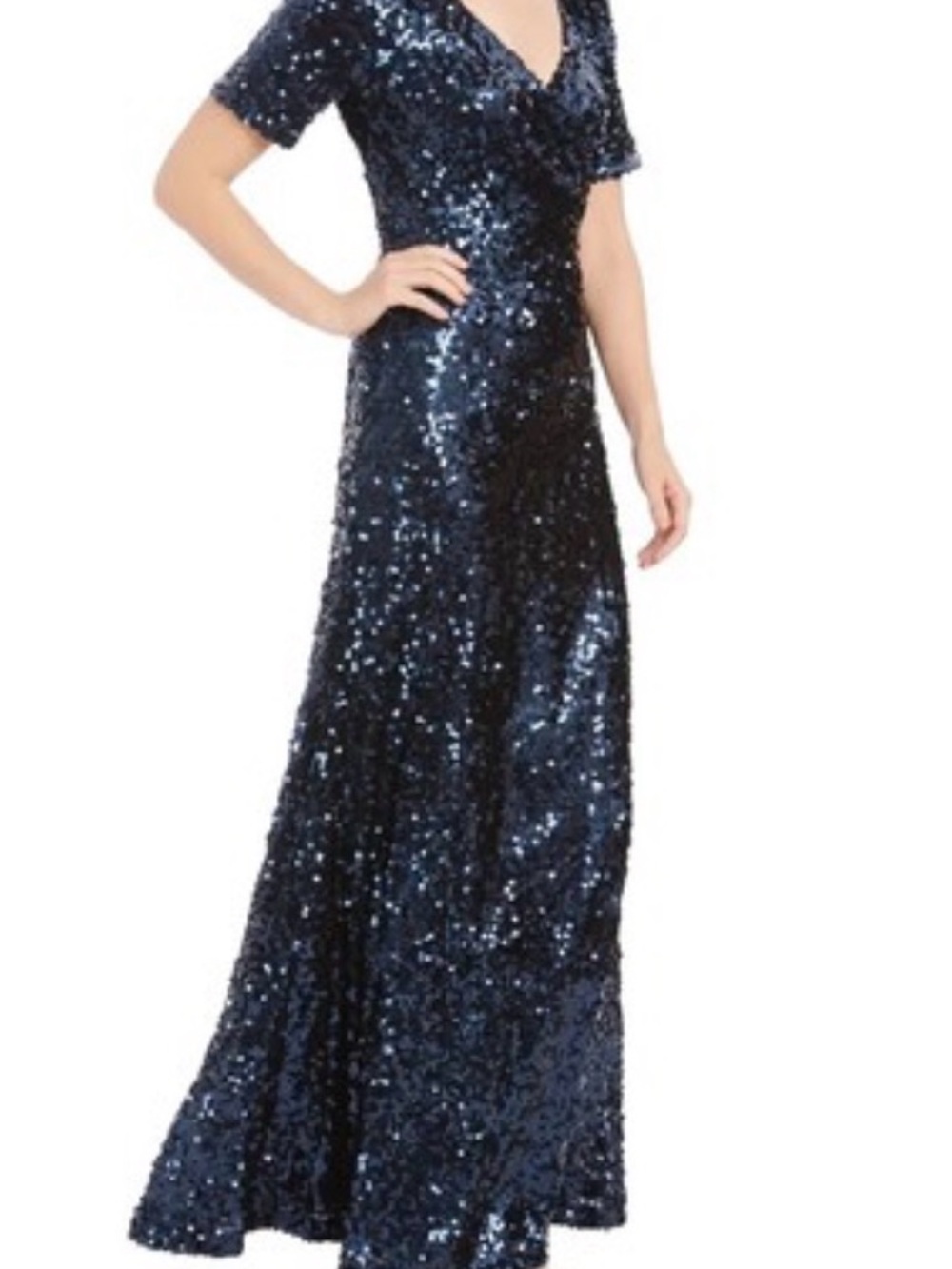 Calvin Klein Navy Blue Sequin V-Neck Evening Gown